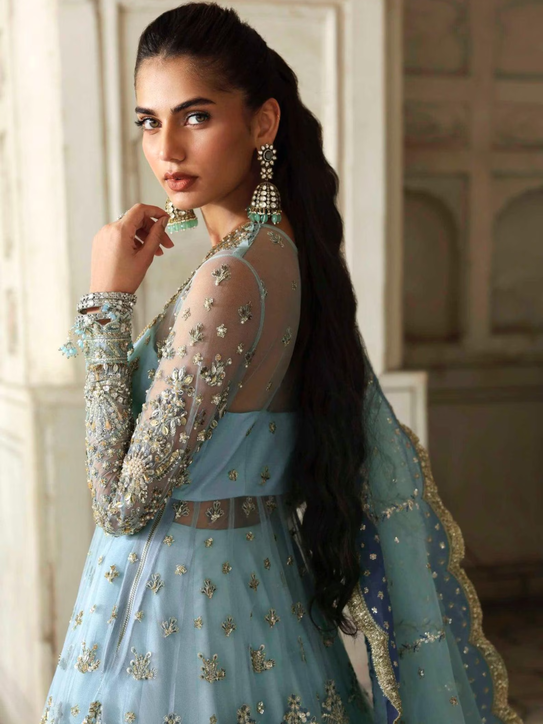 Blue Embroidered Pakistani Maxi Dress